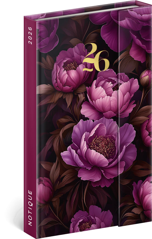Realsystem mágnessel záródó agenda, határidőnapló, 13x21cm, heti tervező, 2026, Purple Flowers
