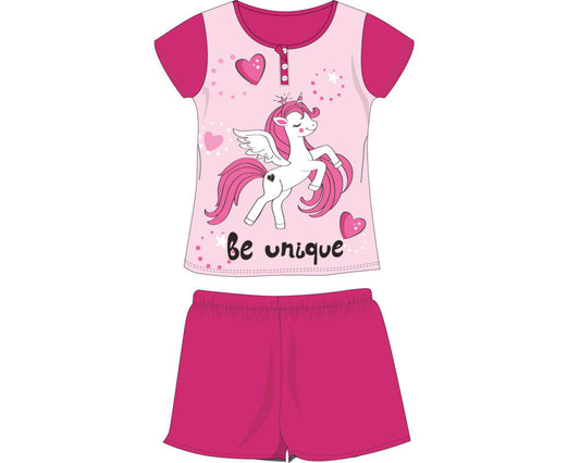 Nyári rövid ujjú gyerek pamut pizsama - Unikornis - pink - 116
