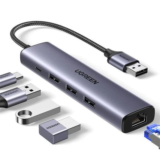 UGREEN HUB USB 3.0, 3x USB-A. 1x USB-C, Ethernet 1Gbit/s, szürke