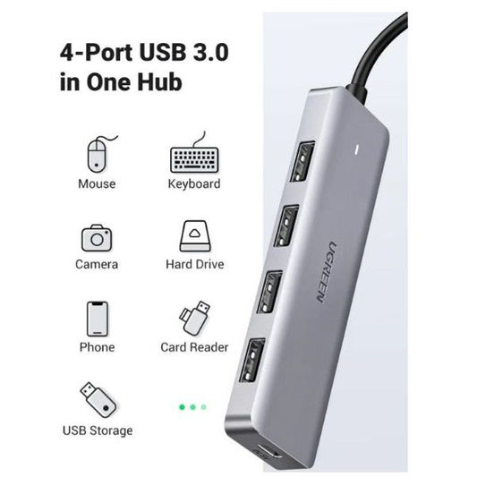 UGREEN USB 3.0 HUB 4 Port USB-C, USB-C tápellátással, szürke