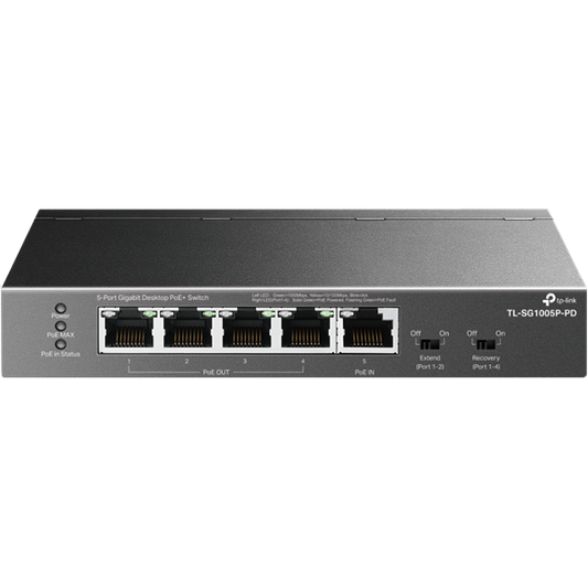 TP-LINK PoE Switch 5x1000Mbps(1xPOE++/4xPOE+) Fémházas, TL-SG1005P-PD