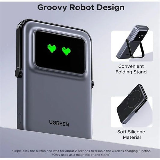 UGREEN Power Bank hordozható töltő, vezeték nélküli töltés, 5000mAh, 7,5W, USB-C, Mágneses Uno Robot, lila