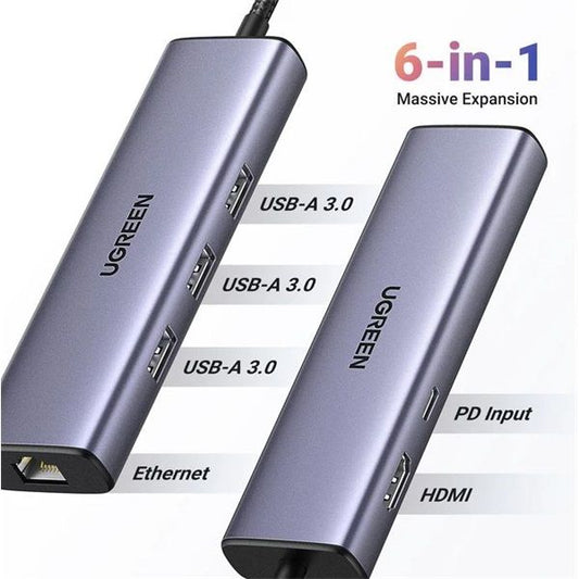 UGREEN Dokkoló állomás 6 az 1-ben, 4K@30Hz, USB HUB, Ethernet, HDMI 1.4, 3x USB-A, 100W, szürke