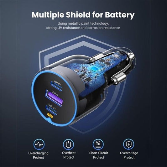 UGREEN Szivargyújtós autós gyorstöltő, 3 port, 2x USB-C, 1x USB-A, 75W, szürke