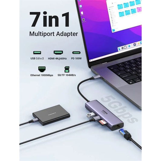 UGREEN Dokkoló állomás 7 az 1-ben, 4K@60Hz, USB HUB, Ethernet, HDMI 2.0, 100W, SD/TF, szürke