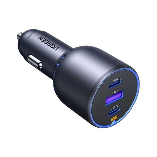 UGREEN Szivargyújtós autós gyorstöltő, 3 port, 2x USB-C, 1x USB-A, 75W, szürke
