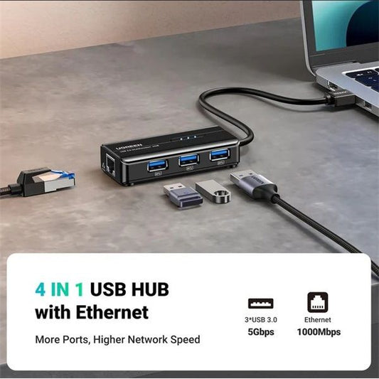 UGREEN HUB USB 3.0, 3x USB-A, Ethernet 1Gbit/s, szürke