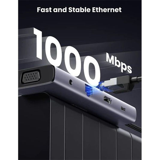 UGREEN Dokkoló állomás 10 az 1-ben, 4K@30Hz, USB HUB, Ethernet, HDMI 1.4, VGA, 100W, SD/TF, 3,5mm Jack, szürke