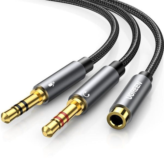 UGREEN Kábel Audio 3,5mm, 1x Jack - 2x Jack F/M/M, 0,2m, fekete