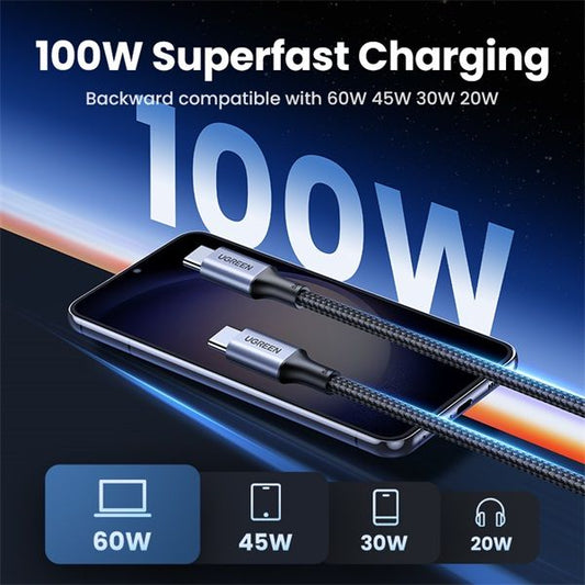 UGREEN Kábel USB 2.0 USB-C - USB-C, PD, 100W, 5A, M/M, 2m, fekete