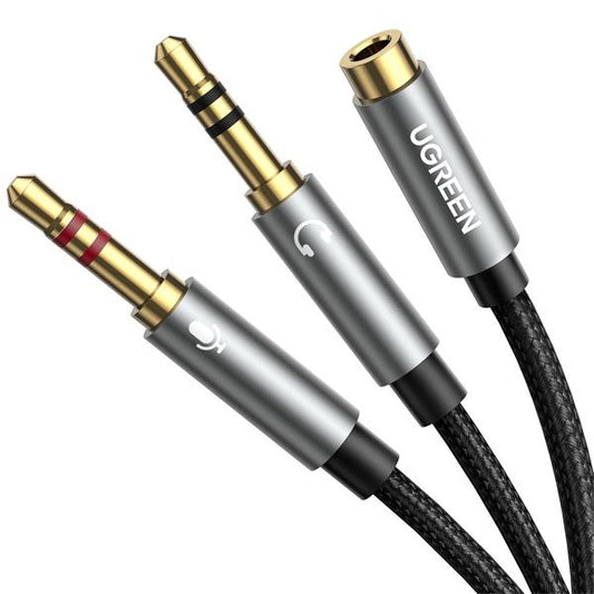 UGREEN Kábel Audio 3,5mm, 1x Jack - 2x Jack F/M/M, 0,2m, fekete