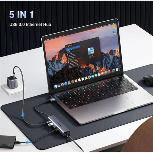 UGREEN HUB USB 3.0, 3x USB-A. 1x USB-C, Ethernet 1Gbit/s, szürke