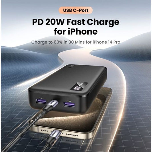 UGREEN Power Bank hordozható töltő, kétirányú, 20000mAh, 22,5W, USB-C, USB-A, fekete