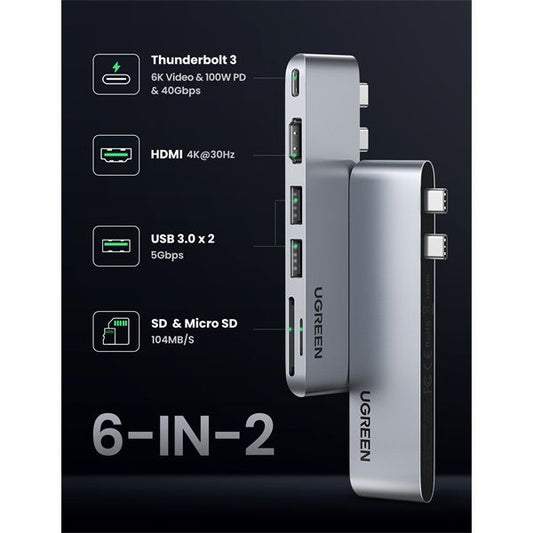 UGREEN Dokkoló állomás  6 az 1-ben, 4K×2K@30Hz, USB 3.0 HUB, HDMI, USB-C, USB-A, 5Gbps, szürke