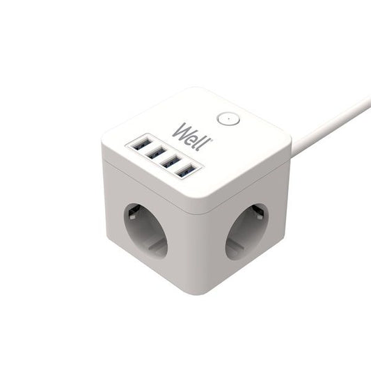 WELL Hálózati elosztó Powercube, 3-as, túlfeszvédős, 4x USB-A, kapcsolóval, 3m, fehér