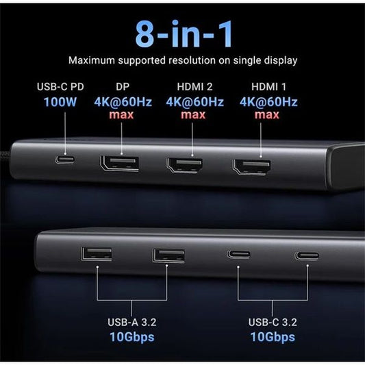 UGREEN Dokkoló állomás  8 az 1-ben, Dual Display, DP, HDMI, 4K@60Hz, USB 3.2 HUB, 100W, PD, 10 Gbps, szürke