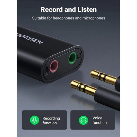 UGREEN Adapter USB-A - Headset Mikrofon és Audio, 3,5mm AUX konverter, M/F/F, fekete