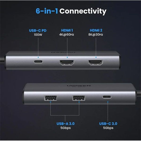 UGREEN Dokkoló állomás 6 az 1-ben, 8K@30Hz, Dual Monitor, USB HUB, Dual HDMI 2.0 és 2.1, 2x USB-A, USB-C, 100W, szürke