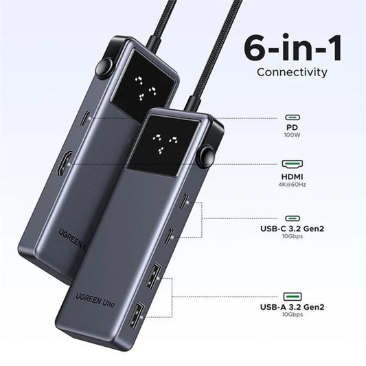 UGREEN Dokkoló állomás 6 az 1-ben, 4K@60Hz, Uno Robot, USB HUB, HDMI, 2x USB-A, 3x USB-C, 100W, szürke