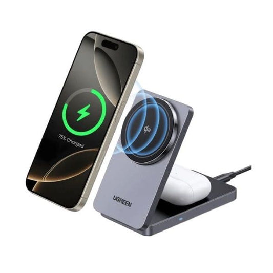 UGREEN töltőállomás, vezeték nélküli töltés, Qi2, 15W, 2 az 1-ben, MagFlow, MagSafe, szürke (Tápegység nélkül)