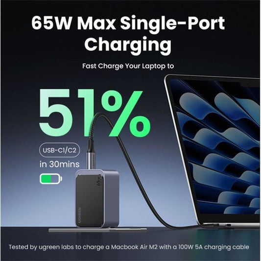 UGREEN Nexode S hálózati töltő, 65W, 3 Port, GaN, PD 3.0, 2x USB-C, 1x USB-A, szürke