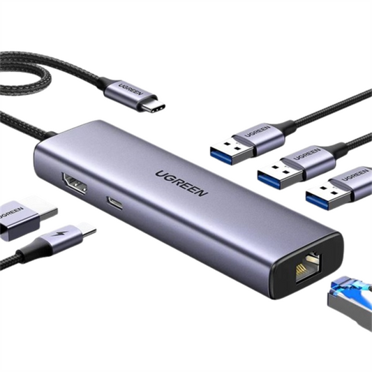UGREEN Dokkoló állomás 6 az 1-ben, 4K@30Hz, USB HUB, Ethernet, HDMI 1.4, 3x USB-A, 100W, szürke