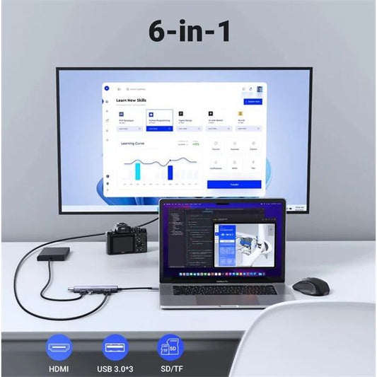 UGREEN Dokkoló állomás 6 az 1-ben, 4K@60Hz, USB HUB, HDMI 2.0, 3x USB-A, SD/TF, szürke