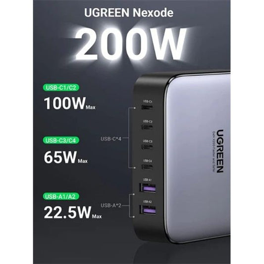 UGREEN Asztali hálózati töltő/töltőállomás, 6 Port, GaN, 200W, 4x USB-C, 2x USB-A, 1m, szürke