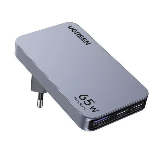 UGREEN Nexode hálózati töltő, travel adapter, ultra slim, vékony, 65W, 3 port, GaN, 2x USB-C, 1x USB-A, UK/EU, szürke