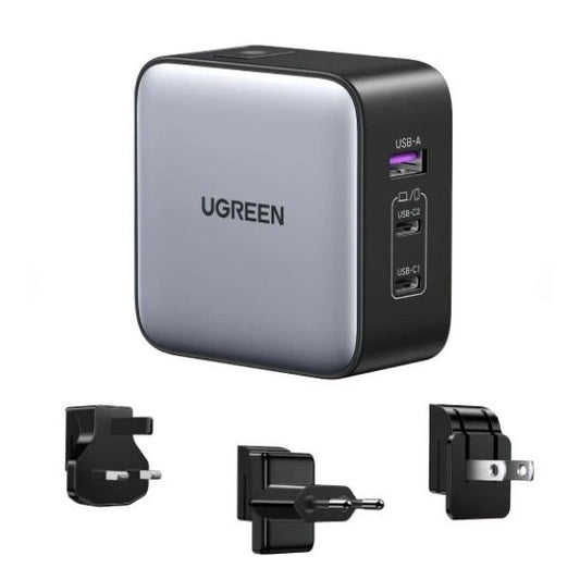 UGREEN Univerzális Nexode nemzetközi hálózati töltő, Travel adapter, 65W, GaN, 1x USB-A, 2x USB-C, US/UK/EU, szürke