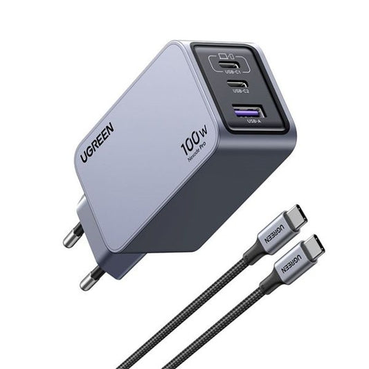 UGREEN Nexode Pro hálózati töltő, 100W, 3 Port, GaN, 2x USB-C, 1x USB-A, szürke