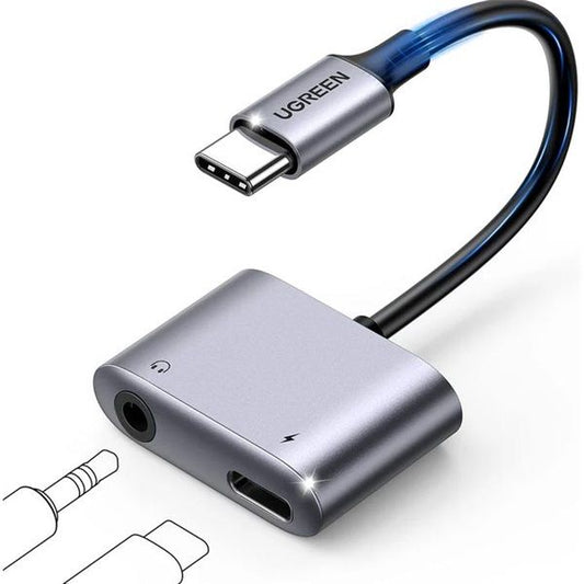 UGREEN Adapter USB-C - Audio 3,5mm Jack - USB-C M/F/F, 60W, PD, 0,25m, fekete