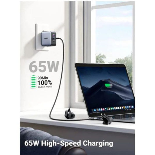 UGREEN Univerzális Nexode nemzetközi hálózati töltő, Travel adapter, 65W, GaN, 1x USB-A, 2x USB-C, US/UK/EU, szürke