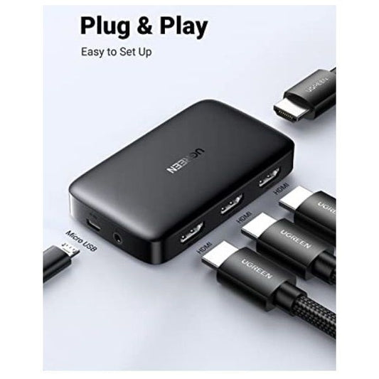 UGREEN HDMI Switch, 3 az 1-ben, 3 port, 3x1, 3 bemenet 1 kimenet, 4K@30Hz, távirányítóval, fekete