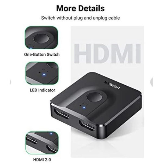 UGREEN HDMI 2.0 Switch Bi-Directional, kétirányú, 2 port, 2 az 1-ben, 4K@60Hz, 18Gbps, HDR, HDCP, fekete