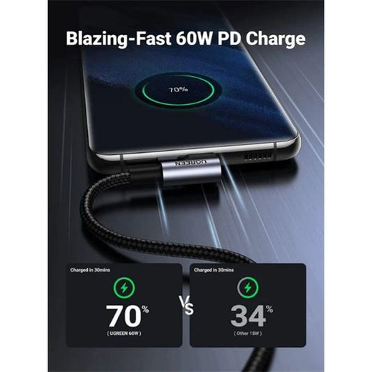 UGREEN Kábel USB-C - USB-C, PD, 90°-os, 60W, 3A, M/M 1m, fekete