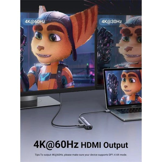 UGREEN Dokkoló állomás 5 az 1-ben, 4K@60Hz, USB HUB, HDMI 2.0, Ethernet, 3x USB-A, USB-C, 100W, szürke
