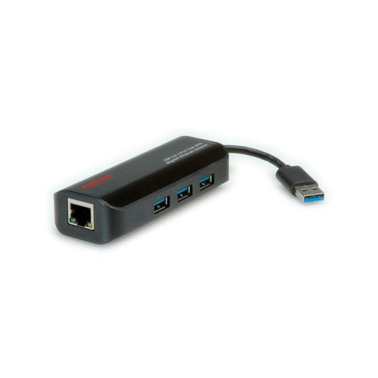 ROLINE Adapter USB 3.2 Gen 1 USB-A - RJ45 Gigabit Ethernet 10/100/1000 Mbit/s, 3x USB-A Hub, fekete