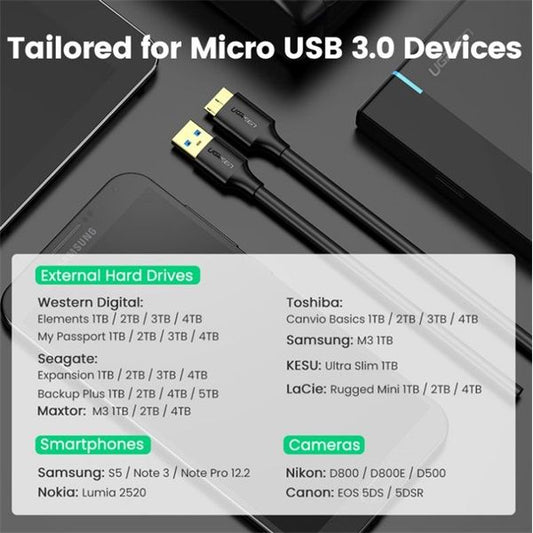 UGREEN Kábel USB 3.0 USB-A - Micro B USB 3.0, 5 Gbps, M/M, 2m, fekete