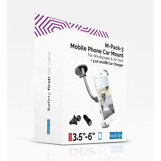 HADRON Autós mobiltelefon tartó 3,5"-6"-os készülékekhez és 2 USB portos szivargyújtó töltő (max. 3,1A-es) csomag
