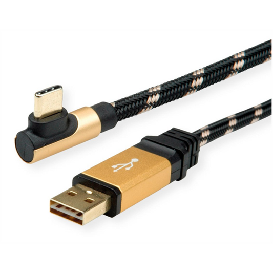 ROLINE kábel USB-C (90°) - USB-A 2.0,   0,8m, arany-fekete
