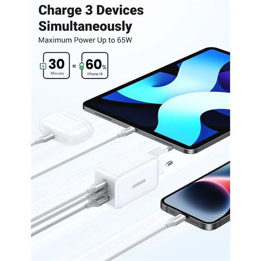 UGREEN Nexode hálózati töltő, 65W, 3 Port, PD 3.0, GaN, 2x USB-C, 1x USB-A, fehér