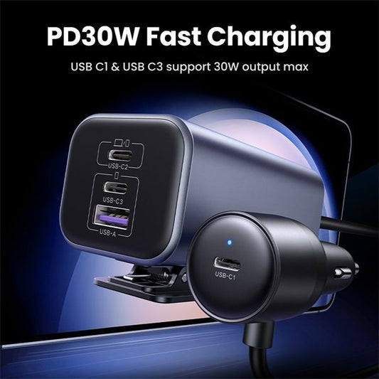 UGREEN Szivargyújtós autós gyorstöltő, bővített töltőelosztóval, 4 port, 3x USB-C, 1x USB-A, 150W, 1m, szürke
