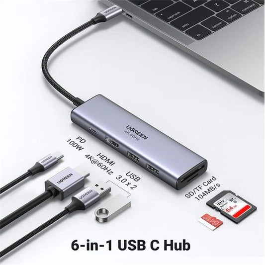 UGREEN Dokkoló állomás 6 az 1-ben, 4K@60Hz, USB HUB, HDMI 2.0, 2x USB-A, SD/TF, 100W, szürke