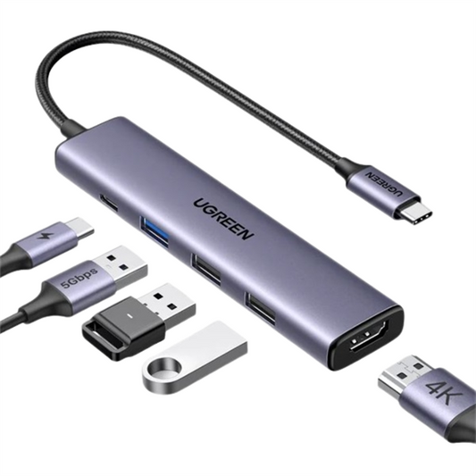 UGREEN Dokkoló állomás 5 az 1-ben, 4K@30Hz, USB HUB, HDMI 1.4, 1x USB-A 3.0, 2x USB-A 2.0, USB-C, 100W, szürke