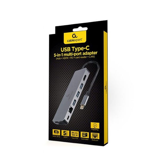 GEMBIRD Cablexpert Multiport adapter 5 az 1-ben USB-A 3.0, HDMI, LAN, SD kártya és USB Type-C - Power Delivery