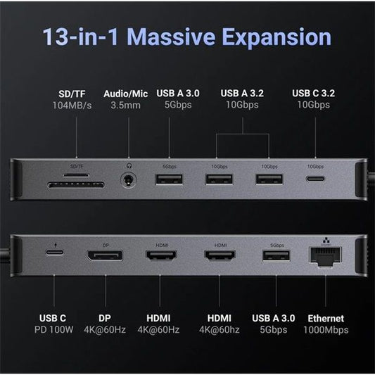 UGREEN Dokkoló állomás 13 az 1-ben, Triple Display, 4K@60Hz, USB HUB, HDMI, DP, 3x USB-A, USB-C, SD/TF, Jack, szürke