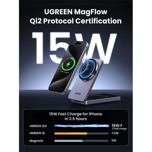 UGREEN töltőállomás, vezeték nélküli töltés, Qi2, 15W, 2 az 1-ben, MagFlow, MagSafe, szürke (Tápegység nélkül)