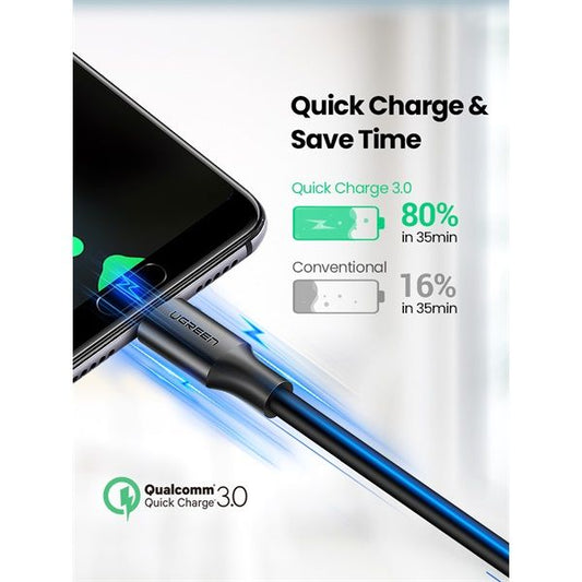 UGREEN Kábel USB 2.0 USB-A - USB-C, Gyorstöltő, 18W, 3A, M/M, 3m, fekete