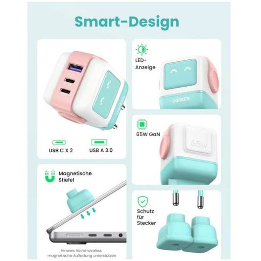 UGREEN hálózati töltő Uno robot, RG, 65W, 3 Port, GaN, rózsaszín, pink